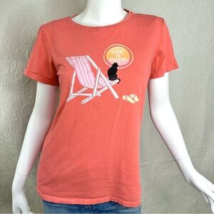 Life Is Good Coral Crusher-Lite T-Shirt with Cat and Chair Graphic